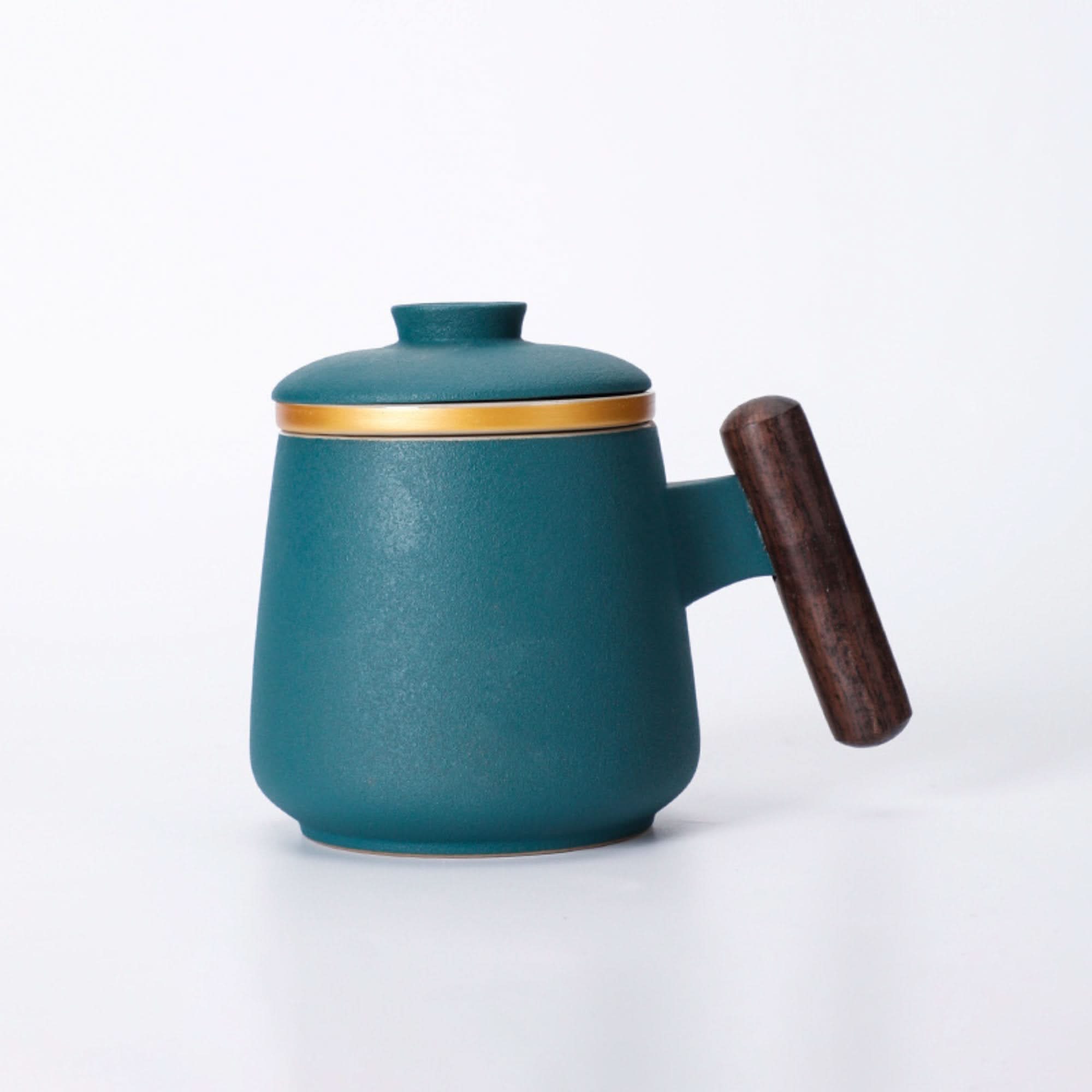 Teal Minimalist Japanese Mug 10.1oz with wooden handle and gold trim.